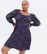 New Look Curves Blue Ditsy Floral Crepe Long Sleeve Mini Dress